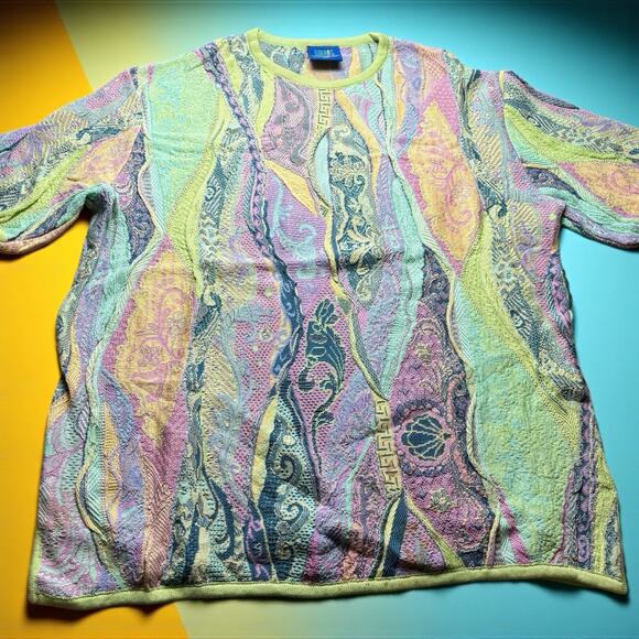 Vintage Limnos Sweater Men’s XL 3D Knit Coogi Style Pullover Short Sleeve - Picture 1 of 5